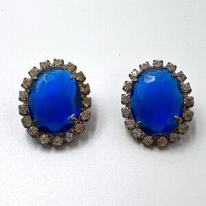 Pierced Earrings Women Blue Oval Post Silver Rhinestones